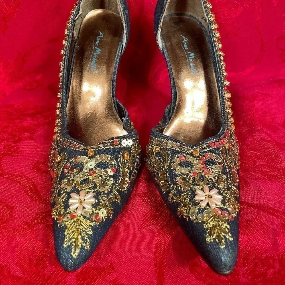 DENIM ANNE MICHELLE BEADED STACKED HEEL SIZE 6.5